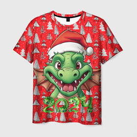 Мужская футболка 3D с принтом Зеленый новогодний дракон на красном фоне , 100% полиэфир | прямой крой, круглый вырез горловины, длина до линии бедер | 