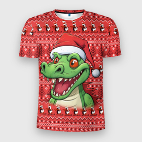 Мужская футболка 3D Slim с принтом Зеленый дракон на красном новогоднем фоне в Санкт-Петербурге, 100% полиэстер с улучшенными характеристиками | приталенный силуэт, круглая горловина, широкие плечи, сужается к линии бедра | Тематика изображения на принте: 