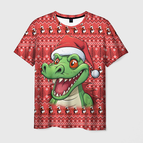 Мужская футболка 3D с принтом Зеленый дракон на красном новогоднем фоне в Санкт-Петербурге, 100% полиэфир | прямой крой, круглый вырез горловины, длина до линии бедер | Тематика изображения на принте: 