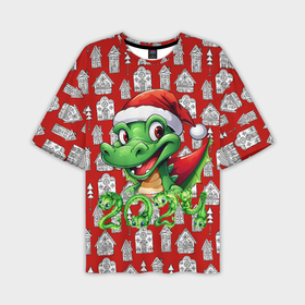 Мужская футболка oversize 3D с принтом Зеленый дракон на рождественском фоне ,  |  | Тематика изображения на принте: 