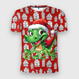 Мужская футболка 3D Slim с принтом Зеленый дракон на рождественском фоне в Курске, 100% полиэстер с улучшенными характеристиками | приталенный силуэт, круглая горловина, широкие плечи, сужается к линии бедра | 