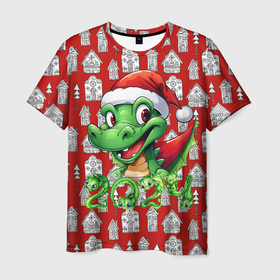 Мужская футболка 3D с принтом Зеленый дракон на рождественском фоне , 100% полиэфир | прямой крой, круглый вырез горловины, длина до линии бедер | Тематика изображения на принте: 