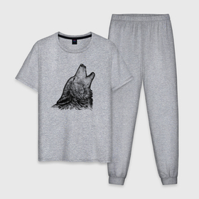 Мужская пижама хлопок с принтом Волк воющий гравюра в Курске, 100% хлопок | брюки и футболка прямого кроя, без карманов, на брюках мягкая резинка на поясе и по низу штанин
 | 