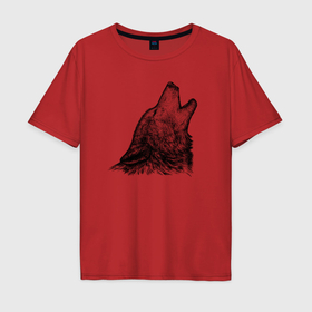 Мужская футболка хлопок Oversize с принтом Волк воющий гравюра в Курске, 100% хлопок | свободный крой, круглый ворот, “спинка” длиннее передней части | 