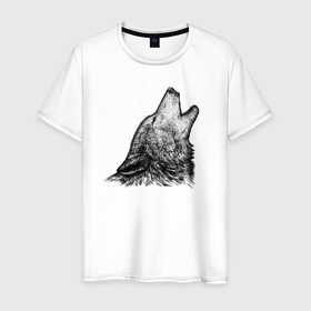 Мужская футболка хлопок с принтом Волк воющий гравюра в Новосибирске, 100% хлопок | прямой крой, круглый вырез горловины, длина до линии бедер, слегка спущенное плечо. | 