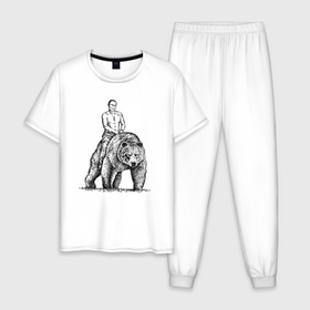 Мужская пижама хлопок с принтом Президент на медведе в Санкт-Петербурге, 100% хлопок | брюки и футболка прямого кроя, без карманов, на брюках мягкая резинка на поясе и по низу штанин
 | 