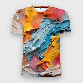 Мужская футболка 3D Slim с принтом Абстрактная живопись акрилом в Новосибирске, 100% полиэстер с улучшенными характеристиками | приталенный силуэт, круглая горловина, широкие плечи, сужается к линии бедра | 