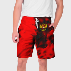 Мужские шорты 3D с принтом Россия герб спорт краски в Новосибирске,  полиэстер 100% | прямой крой, два кармана без застежек по бокам. Мягкая трикотажная резинка на поясе, внутри которой широкие завязки. Длина чуть выше колен | 