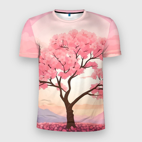 Мужская футболка 3D Slim с принтом Вишневое дерево в полном цвету в Петрозаводске, 100% полиэстер с улучшенными характеристиками | приталенный силуэт, круглая горловина, широкие плечи, сужается к линии бедра | 