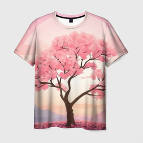 Мужская футболка 3D с принтом Вишневое дерево в полном цвету в Екатеринбурге, 100% полиэфир | прямой крой, круглый вырез горловины, длина до линии бедер | Тематика изображения на принте: 