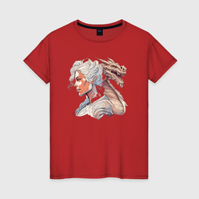 Женская футболка хлопок с принтом Девушка и дракон в Курске, 100% хлопок | прямой крой, круглый вырез горловины, длина до линии бедер, слегка спущенное плечо | 