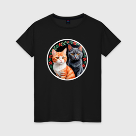 Женская футболка хлопок с принтом Два кота ждут Новый Год в Курске, 100% хлопок | прямой крой, круглый вырез горловины, длина до линии бедер, слегка спущенное плечо | 