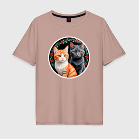 Мужская футболка хлопок Oversize с принтом Два кота ждут Новый Год в Екатеринбурге, 100% хлопок | свободный крой, круглый ворот, “спинка” длиннее передней части | 