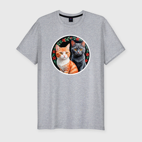 Мужская футболка хлопок Slim с принтом Два кота ждут Новый Год в Санкт-Петербурге, 92% хлопок, 8% лайкра | приталенный силуэт, круглый вырез ворота, длина до линии бедра, короткий рукав | 