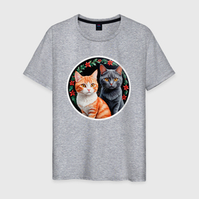 Мужская футболка хлопок с принтом Два кота ждут Новый Год в Санкт-Петербурге, 100% хлопок | прямой крой, круглый вырез горловины, длина до линии бедер, слегка спущенное плечо. | 