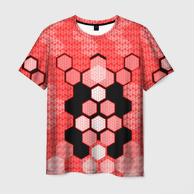 Мужская футболка 3D с принтом Красная кибер броня hexagons , 100% полиэфир | прямой крой, круглый вырез горловины, длина до линии бедер | 