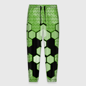 Мужские брюки 3D с принтом Зелёная кибер броня hexagons в Тюмени, 100% полиэстер | манжеты по низу, эластичный пояс регулируется шнурком, по бокам два кармана без застежек, внутренняя часть кармана из мелкой сетки | 