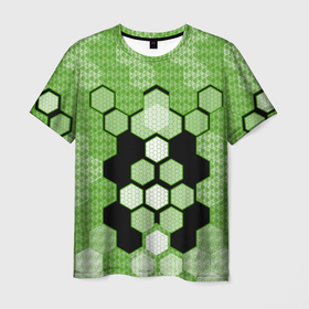 Мужская футболка 3D с принтом Зелёная кибер броня hexagons , 100% полиэфир | прямой крой, круглый вырез горловины, длина до линии бедер | 