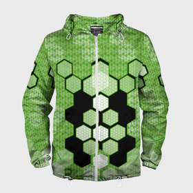 Мужская ветровка 3D с принтом Зелёная кибер броня hexagons в Тюмени, 100% полиэстер | подол и капюшон оформлены резинкой с фиксаторами, два кармана без застежек по бокам, один потайной карман на груди | 