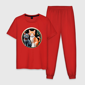Мужская пижама хлопок с принтом Два котика ждут Новый Год в Петрозаводске, 100% хлопок | брюки и футболка прямого кроя, без карманов, на брюках мягкая резинка на поясе и по низу штанин
 | 