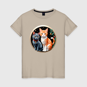Женская футболка хлопок с принтом Два котика ждут Новый Год в Курске, 100% хлопок | прямой крой, круглый вырез горловины, длина до линии бедер, слегка спущенное плечо | 