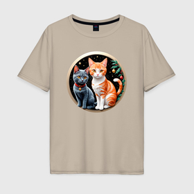Мужская футболка хлопок Oversize с принтом Два котика ждут Новый Год в Екатеринбурге, 100% хлопок | свободный крой, круглый ворот, “спинка” длиннее передней части | 