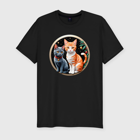 Мужская футболка хлопок Slim с принтом Два котика ждут Новый Год в Санкт-Петербурге, 92% хлопок, 8% лайкра | приталенный силуэт, круглый вырез ворота, длина до линии бедра, короткий рукав | 