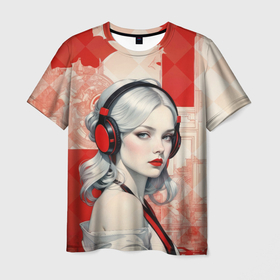 Мужская футболка 3D с принтом Платиновая блондинка в наушниках в Кировске, 100% полиэфир | прямой крой, круглый вырез горловины, длина до линии бедер | Тематика изображения на принте: 