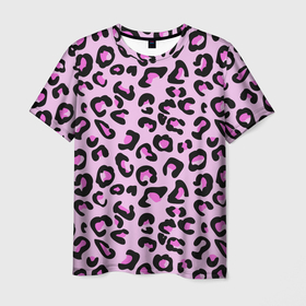 Мужская футболка 3D с принтом Розовые пятна леопарда в Санкт-Петербурге, 100% полиэфир | прямой крой, круглый вырез горловины, длина до линии бедер | 