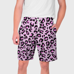 Мужские шорты 3D с принтом Розовые пятна леопарда ,  полиэстер 100% | прямой крой, два кармана без застежек по бокам. Мягкая трикотажная резинка на поясе, внутри которой широкие завязки. Длина чуть выше колен | 