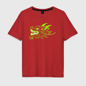 Мужская футболка хлопок Oversize с принтом Драконья голова ядовито зелёная в Петрозаводске, 100% хлопок | свободный крой, круглый ворот, “спинка” длиннее передней части | 