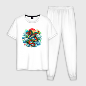 Мужская пижама хлопок с принтом Японский дракон на фоне солнца   акварель в Курске, 100% хлопок | брюки и футболка прямого кроя, без карманов, на брюках мягкая резинка на поясе и по низу штанин
 | 