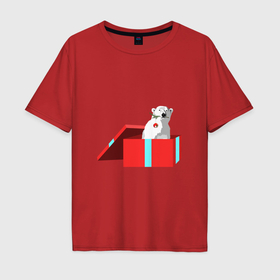 Мужская футболка хлопок Oversize с принтом Медведь белый в новогодней коробке в Курске, 100% хлопок | свободный крой, круглый ворот, “спинка” длиннее передней части | 