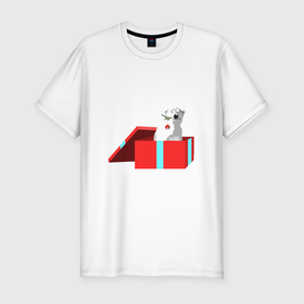 Мужская футболка хлопок Slim с принтом Медведь белый в новогодней коробке в Курске, 92% хлопок, 8% лайкра | приталенный силуэт, круглый вырез ворота, длина до линии бедра, короткий рукав | 