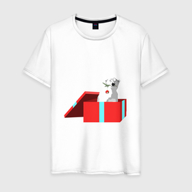 Мужская футболка хлопок с принтом Медведь белый в новогодней коробке в Курске, 100% хлопок | прямой крой, круглый вырез горловины, длина до линии бедер, слегка спущенное плечо. | 