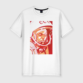 Мужская футболка хлопок Slim с принтом Gagarin in red в Санкт-Петербурге, 92% хлопок, 8% лайкра | приталенный силуэт, круглый вырез ворота, длина до линии бедра, короткий рукав | 