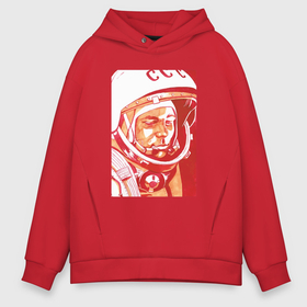 Мужское худи Oversize хлопок с принтом Gagarin in red в Екатеринбурге, френч-терри — 70% хлопок, 30% полиэстер. Мягкий теплый начес внутри —100% хлопок | боковые карманы, эластичные манжеты и нижняя кромка, капюшон на магнитной кнопке | 