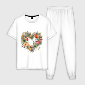 Мужская пижама хлопок с принтом Сердце в полевых цветах в Екатеринбурге, 100% хлопок | брюки и футболка прямого кроя, без карманов, на брюках мягкая резинка на поясе и по низу штанин
 | 