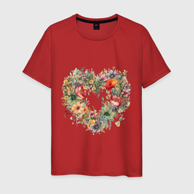 Мужская футболка хлопок с принтом Сердце в полевых цветах в Кировске, 100% хлопок | прямой крой, круглый вырез горловины, длина до линии бедер, слегка спущенное плечо. | 