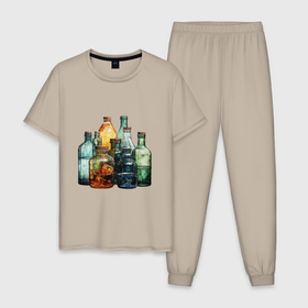 Мужская пижама хлопок с принтом Стеклянные бутылки в Петрозаводске, 100% хлопок | брюки и футболка прямого кроя, без карманов, на брюках мягкая резинка на поясе и по низу штанин
 | Тематика изображения на принте: 