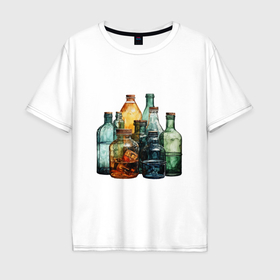Мужская футболка хлопок Oversize с принтом Стеклянные бутылки в Курске, 100% хлопок | свободный крой, круглый ворот, “спинка” длиннее передней части | 