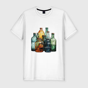 Мужская футболка хлопок Slim с принтом Стеклянные бутылки в Петрозаводске, 92% хлопок, 8% лайкра | приталенный силуэт, круглый вырез ворота, длина до линии бедра, короткий рукав | Тематика изображения на принте: 