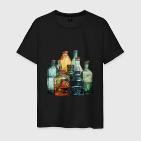Мужская футболка хлопок с принтом Стеклянные бутылки в Петрозаводске, 100% хлопок | прямой крой, круглый вырез горловины, длина до линии бедер, слегка спущенное плечо. | Тематика изображения на принте: 