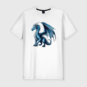 Мужская футболка хлопок Slim с принтом Темно голубой дракон в Петрозаводске, 92% хлопок, 8% лайкра | приталенный силуэт, круглый вырез ворота, длина до линии бедра, короткий рукав | Тематика изображения на принте: 