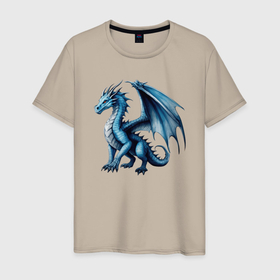 Мужская футболка хлопок с принтом Темно голубой дракон в Петрозаводске, 100% хлопок | прямой крой, круглый вырез горловины, длина до линии бедер, слегка спущенное плечо. | Тематика изображения на принте: 