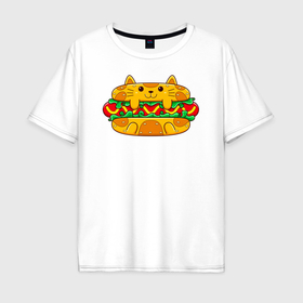 Мужская футболка хлопок Oversize с принтом Кот хот дог в Курске, 100% хлопок | свободный крой, круглый ворот, “спинка” длиннее передней части | 