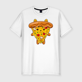 Мужская футболка хлопок Slim с принтом Кот пицца в Кировске, 92% хлопок, 8% лайкра | приталенный силуэт, круглый вырез ворота, длина до линии бедра, короткий рукав | 