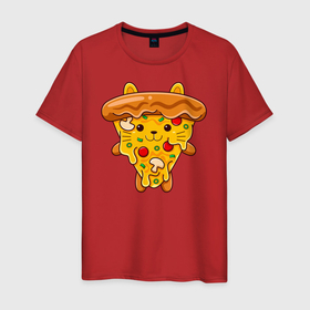 Мужская футболка хлопок с принтом Кот пицца в Екатеринбурге, 100% хлопок | прямой крой, круглый вырез горловины, длина до линии бедер, слегка спущенное плечо. | 