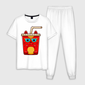 Мужская пижама хлопок с принтом Кот стакан в Екатеринбурге, 100% хлопок | брюки и футболка прямого кроя, без карманов, на брюках мягкая резинка на поясе и по низу штанин
 | 