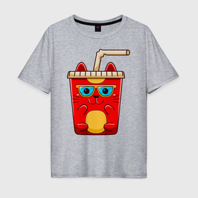 Мужская футболка хлопок Oversize с принтом Кот стакан в Екатеринбурге, 100% хлопок | свободный крой, круглый ворот, “спинка” длиннее передней части | 
